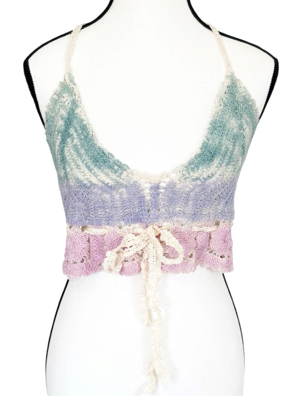 POL Crochet Knit Crop Top Bralette Front Tie Multicolor NWT S/M Boho Festival